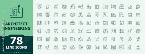 Set of Architecture line icon. It contains symbols to blueprint, plan, home, design, drawing and more. Icons for UI designs. Architectural related icon set. Pictogram and infographic.