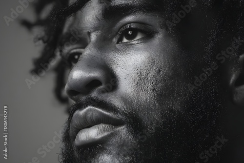 Close up portrait of a man with curly hair looking into the distance in black and white