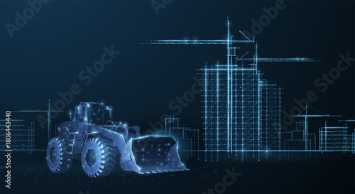 Construction site. Digital architecture, building design, urban development, industrial equipment, construction innovation, modern skyline, concrete structure concept. Abstract polygonal illustration
