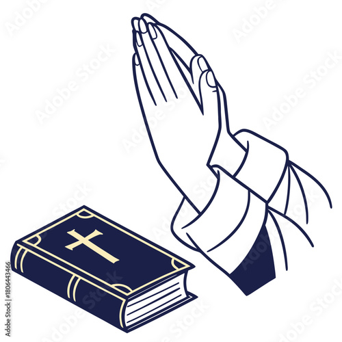 An illustration of hands clasped in prayer next to a dark blue Bible with a golden cross on its cover, symbolizing faith and devotion.