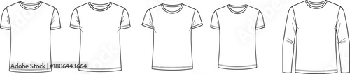 Set of crew neck t-shirts and long sleeve top technical fashion illustration, CAD drawing flat vector illustration.