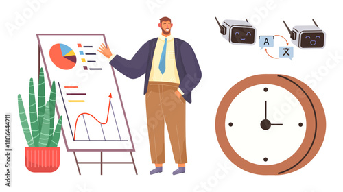 Confident businessman presenting graphs and data on a flip chart, AI translation devices communicating, wooden office clock, and indoor plant. Ideal for business, communication, analytics, AI, time