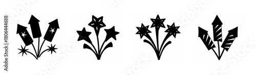 Fireworks celebration icon set with various rocket and star designs