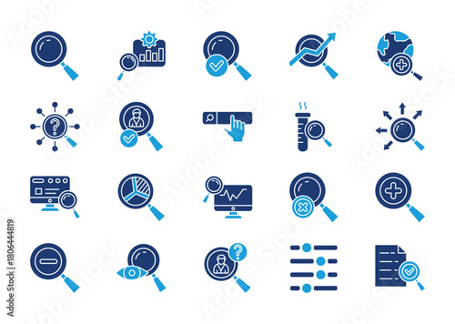 Search thin solid icon set. Containing find, seo, explore, investigate, search employee, search bar, research, look for. Vector illustration