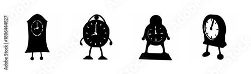 Whimsical black silhouettes of diverse animated timepieces with legs