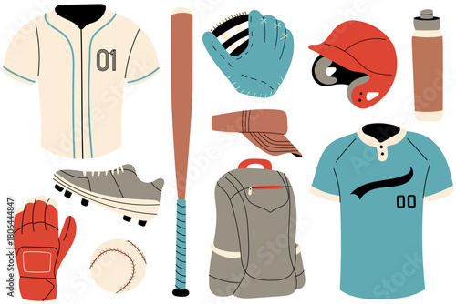 Flat style baseball equipment set with jerseys, bat, glove, helmet, shoes, ball, backpack, cap and bottle. Bright  sports icons for training, game design and athletic projects.