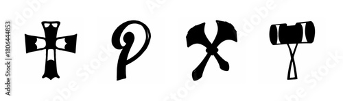 Set of vintage heraldic symbols: cross, letter p, crossed axes, and mallet