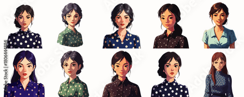 A series of illustrations showcasing diverse women with varying hairstyles and attire, each expressing unique personalities and styles.