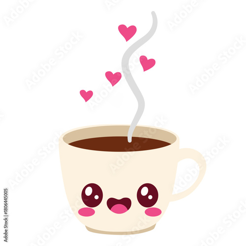 Cute coffee cup with steam and hearts icon, suitable for morning love, Valentine’s breakfast, or illustrating warm, daily affection.