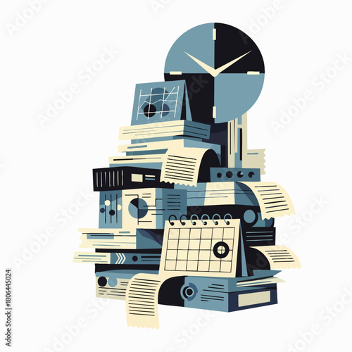 An illustration depicts a chaotic stack of paperwork, documents, and calendars, with a clock overhead, symbolizing time management and deadlines.