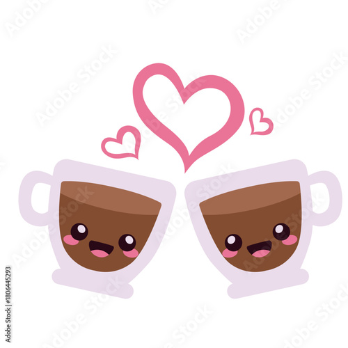 Two cute coffee cups with heart icon, perfect for couples, date ideas, or illustrating partnership, togetherness, and shared sweetness.
