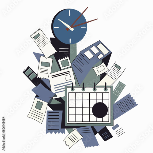 A chaotic illustration depicts a pile of documents, a calendar, and a clock, symbolizing deadlines, time management, and the overwhelming nature of tasks.