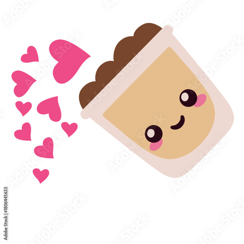 Tilting coffee cup with hearts icon, suitable for playful love themes, Valentine’s promotions, or illustrating fun, flirty romance.