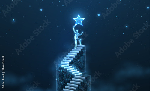 Man on the top of stair and star. Achieve career growth, Reach goal, Success ladder, Business opportunity, Leader businessman, Catch chance, Job opportunity, Achieve target, dream concept

