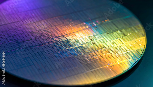 A highly technical image of a reflective, circular silicon wafer used in the fabrication of integrated circuits. The surface displays complex patterns and micro-circuitry under bright light.