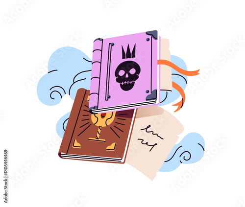 Fairytale spell books with covers decorated with skulls and goblets. Esoteric medieval literature about magic for witches, wizards. Sorcery, witchcraft item. Flat isolated vector illustration on white