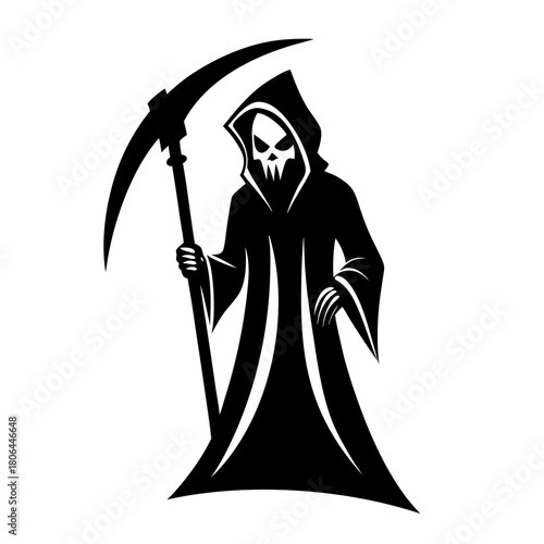 Grim Reaper Vector Illustration | Dark Hooded Skeleton with Scythe | Horror Mascot Design.