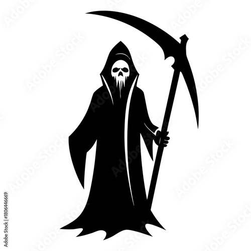 Grim Reaper Vector Illustration | Dark Hooded Skeleton with Scythe | Horror Mascot Design.