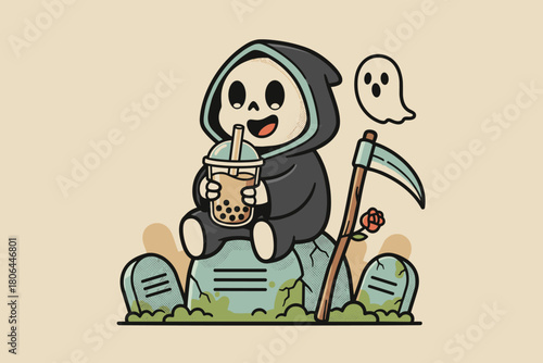 Cute Grim Reaper Enjoying Bubble Tea with a Friendly Ghost.