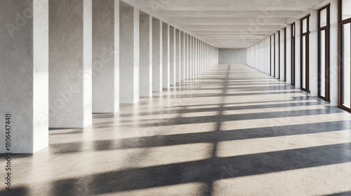 Long Concrete Corridor with Rows of Pillars and Sunlight Casting Long Shadows architecture