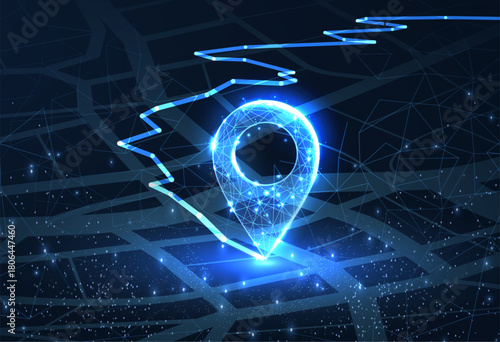 GPS. Abstract vector two pin icon on blue city map with white line connection. Transportation delivery, map location, transport logistic, tourism navigate, route path concept. GPS point navigation

