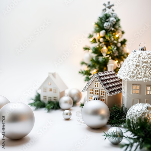 Christmas composition christmas balls white and silver decorative house christmas tree on a white background christmas background holiday background winter christmas design decoration merry celebratio