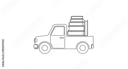Pickup truck illustration loaded with books on a white background