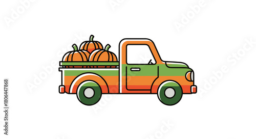 Colorful pickup truck illustration loaded with pumpkins on a white background