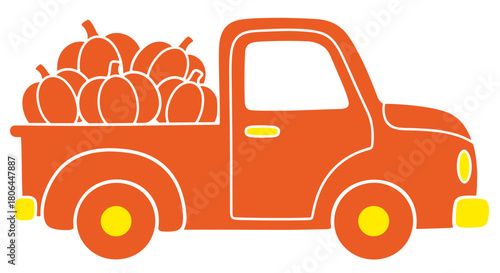 Bright orange pickup truck illustration loaded with pumpkins on a white background