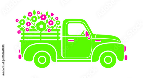 Bright green pickup truck illustration loaded with flowers on a white background