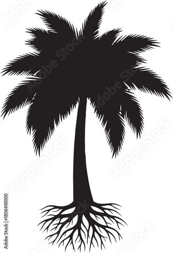 Black silhouette of a palm tree with visible roots on white background vector