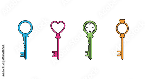 Colorful vintage keys in a row different shapes and vibrant hues