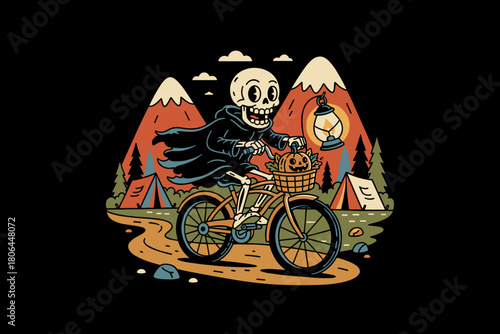 Skeleton riding a bicycle with a pumpkin basket.