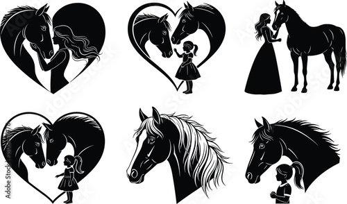 Horse and girl silhouette illustration set with heart motifs, black-and-white vector design for companionship, equestrian, and emotional bond concept