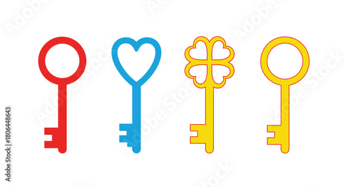 Four colorful keys in red blue yellow and a clover shaped key