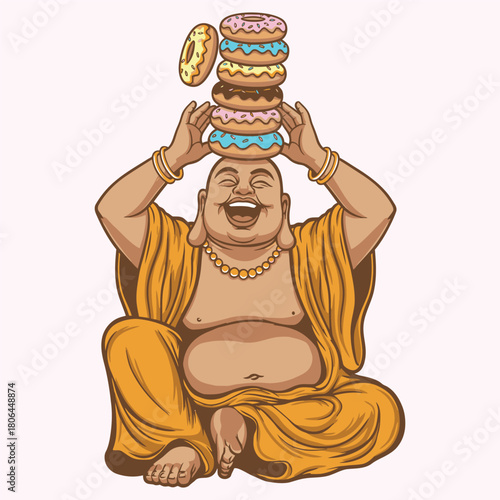 Funny Buddha Balancing Stack of Donuts on Head Vector Art