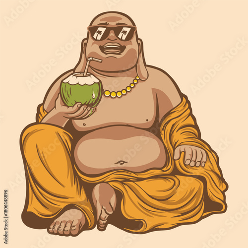 Relaxed Buddha Character on Summer Vacation with Coconut Drink