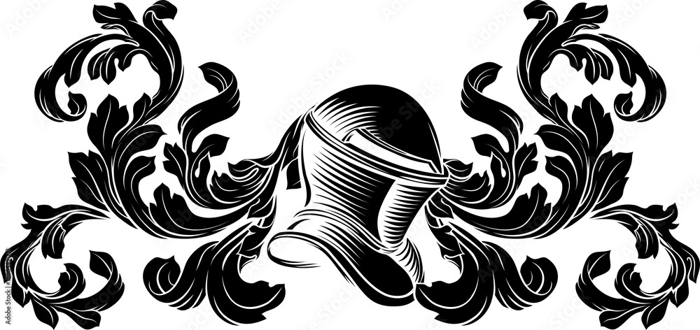 Obraz premium Coat of arms crest knight family medieval shield heraldry heraldic armorial motif. Featuring a knights helm helmet in a vintage etching engraving woodcut style 