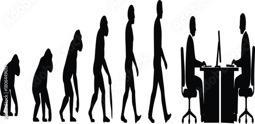 Human evolution icon set, silhouette progression from primate to modern computer user, black and white illustration, lifestyle, technology, posture, vector grid