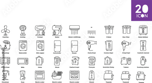 Household appliance icon set, 30 labeled black-and-white line illustrations, kitchen and utility devices, vector design, home equipment concept