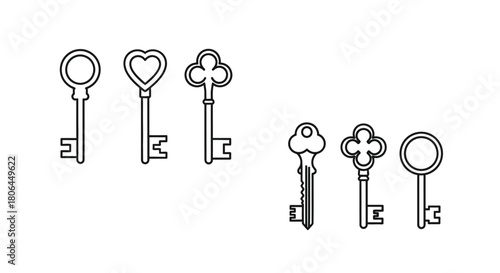 A collection of vintage style keys in a simple black and white illustration