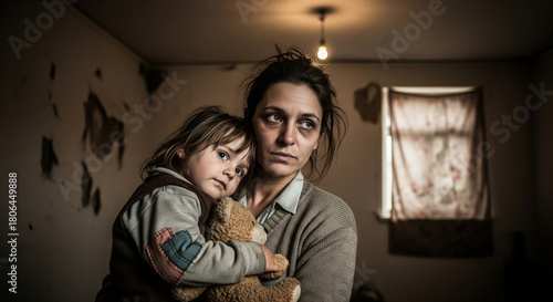 A sorrowful mother holds her child and a teddy bear in a dilapidated room. Concept for poverty, hardship, war, refugees, and social issues.