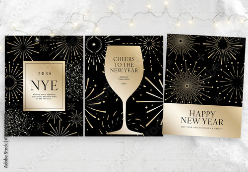 New Years Eve Poster Flyer Template in Luxe Black & Gold with Fireworks Vector & Wine Glass Background