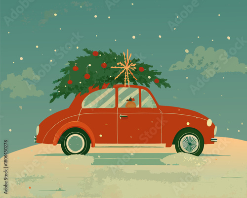 Vintage Red Car Transporting Christmas Tree in Snowy Landscape