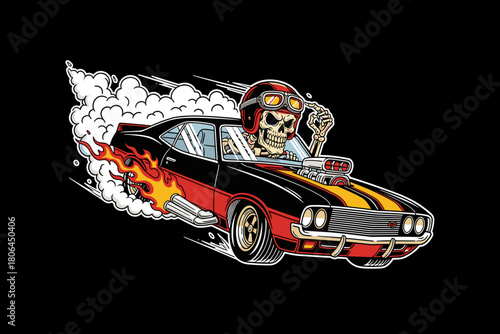 Hot Rod Muscle Car with Skeleton Driver and Flames.