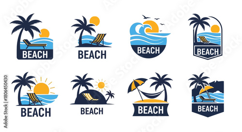 Eight Modern Beach and Tropical Vacation Logo Set - Vector Illustration for Travel Branding