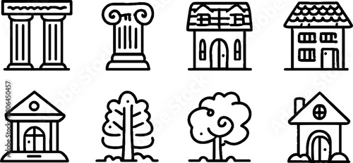 Minimalist line art set of architectural elements and houses for design projects