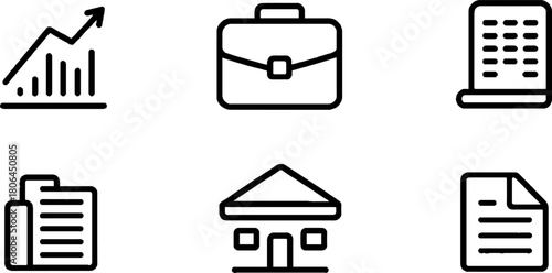 Minimalist line art business icon set featuring graph, briefcase, and documents for modern design