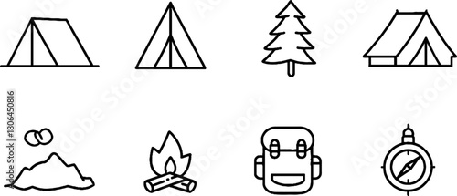 Minimalist camping icon set featuring tent and campfire for outdoor design projects