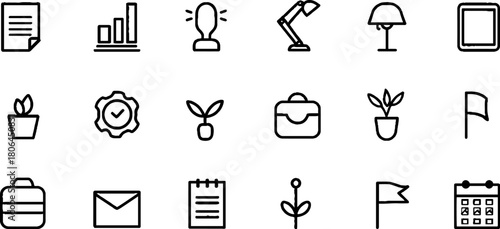 Minimalist line art set of business and office icons for design and print